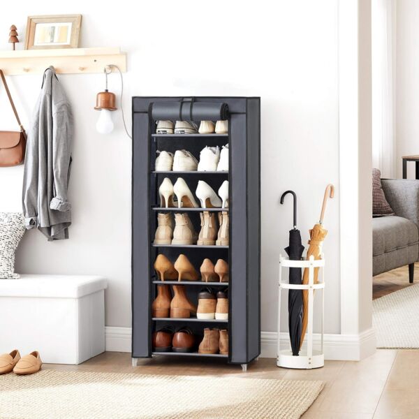 SONGMICS Schuhregal mit 7 Ebenen, 28 x 46 x 126 cm, Schuhschrank, Schuhaufbewahrung, mit staubdichtem Überzug, Schuh-Organizer, für High Heels, Sportschuhe, Metallgestell, grau RXJ024G02