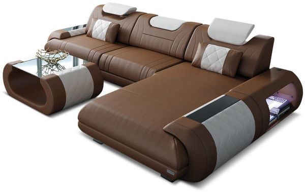 Ecksofa Rimini L Form aus Leder - Echtleder - dunkelbraun-weiß - Rechts