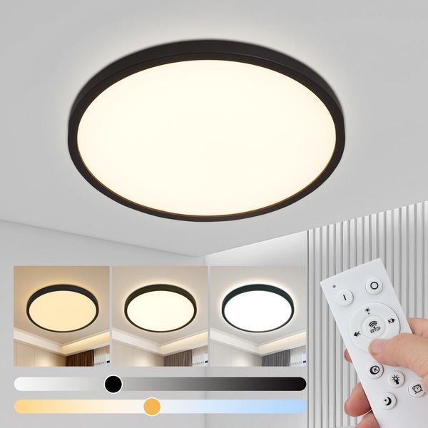 ZMH LED Deckenleuchte Flach Schwarz - 28W Dimmbar Deckenlampe Rund mit Fernbedienung 3000-6500K Ø30 CM Badezimmerlampe für Küche Esszimmer Flur Schlafzimmer Badezimmer
