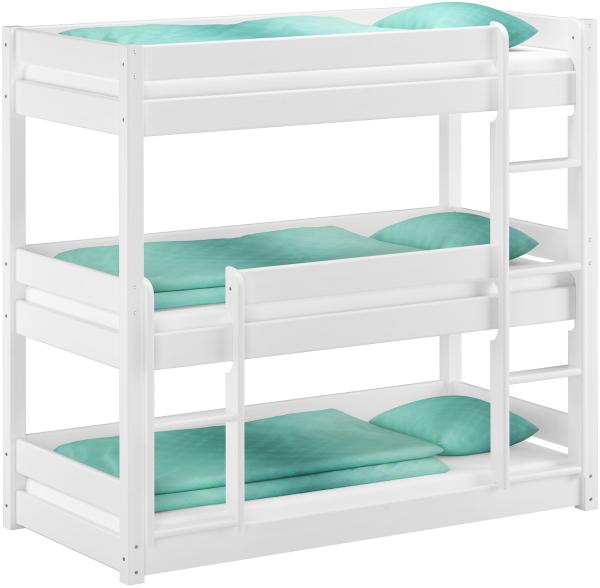 Weißes Dreier-Etagenbett für Erwachsene Stockbett für drei Personen 90x200 Kiefer weiß V-60. 03-09W