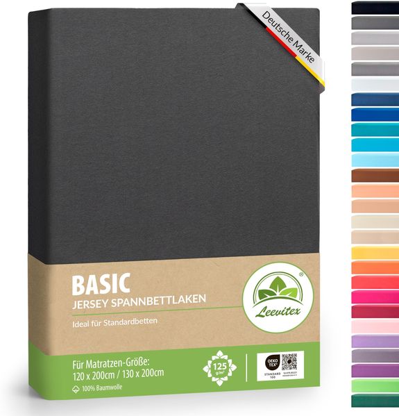 leevitex® Spannbettlaken 120x200 cm - 130x200 cm | Spannbetttuch Bettlaken | 100% Jersey Baumwolle | Matratzenhöhe bis 25 cm | Ökotex | Anthrazit