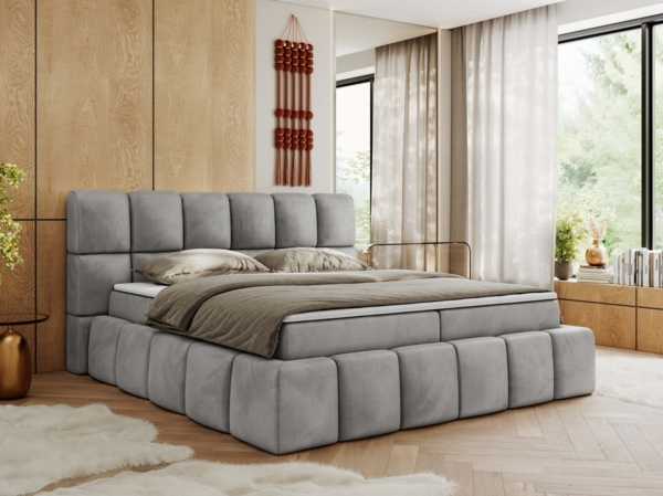 Boxspringbett mit dekorativem Kopfteil, Doppelbett mit zwei 7 Härtezonen Multipocket-Matratzen, Bettkästen, Polsterbett - NIRA - 160 x 200 cm - Hellgrau Velours - H4