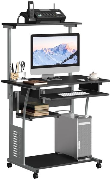Yaheetech Schreibtisch mit Druckerregal Computertisch schwarz PC Tisch mit 4 Rollen, Holzwerkstoff Schwarz, 80 x 50 x 132 cm