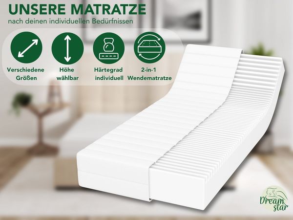 DREAMSTAR Easy Flex 7-Zonen Matratze 90x200 cm | H2&H3 | Ergonomische Kaltschaummatratze | Hypoallergen & Antibakteriell | Bezug abnehmbar & waschbar | Oeko-TEX® | (21cm, 90x200 cm)