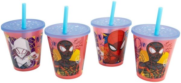Spiderman Kinder Becher Set 4 teilig 285 ml Becher mit Trinkhalm