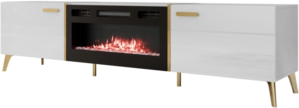 TV-Lowboard Picru 2D EF mit Kamin (Farbe: Weiß / Weiß Hochglanz + Gold)