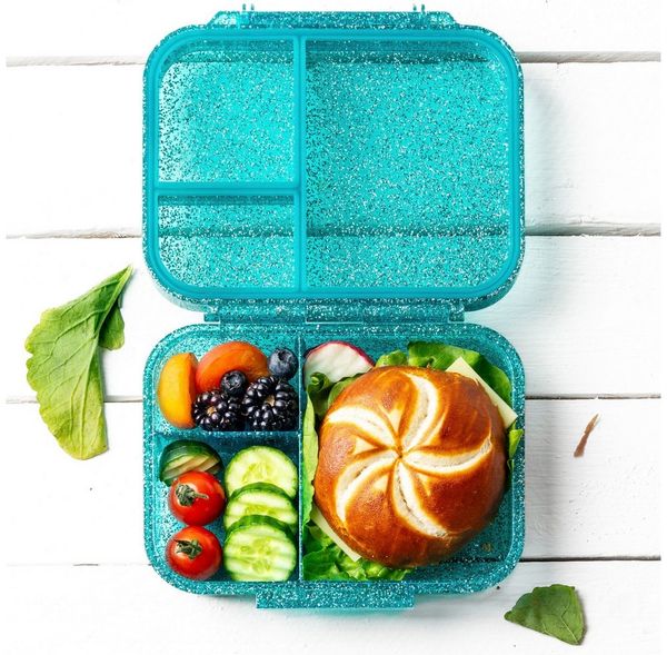 LEKKABOX Lunchbox Mini Glitzer Brotdose, 3 Fächer - Kinder Bento Box Vesperdose Brotbox, Für feuchte Lebensmittel auslaufsichere Bento Box, inkl. extra Trenner