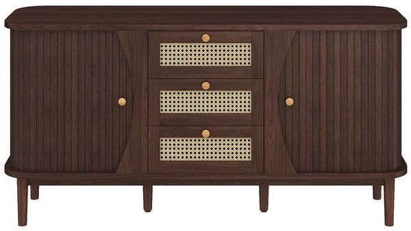 IDEASY Sideboard Rustikales Sideboard, Aufbewahrungsschrank, Kommode, 140.5 x 40 x 76 cm, Holz und Rattan Design, 3 Schubladen, 2 Türen, abgerundete Kanten