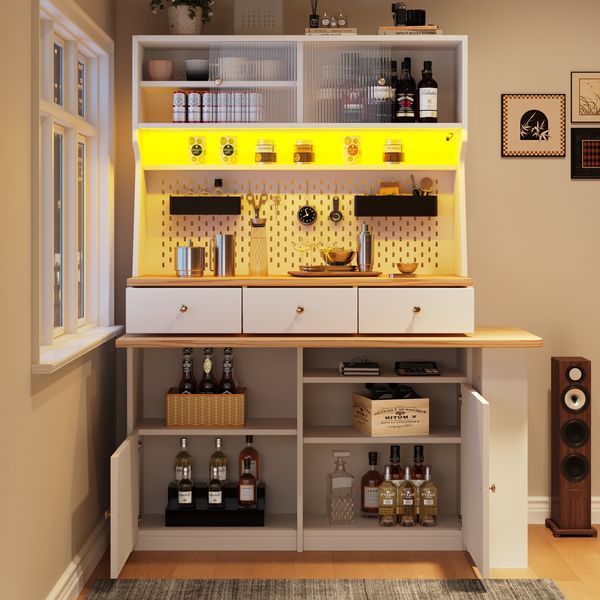 Sideboard Küchenschrank mit LED, Schiebetür, ausziehbarer Tischplatte, viel Stauraum, Stecktafel, Weiß Holzoptik