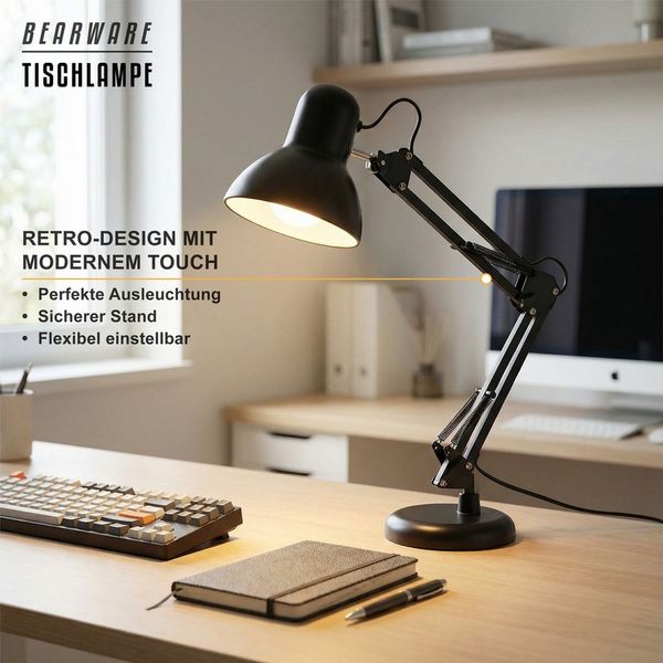 BEARWARE Schreibtischlampe Retro Stil, Bürölampe, Leselampe, Vintage Tischleuchte, Kabelschalter, Ein-/Ausschalter, ohne Leuchtmittel, warmweiß, neutralweiß, tageslichtweiß, Industrie Look, E27, flexibler Gelenkarm, für Büro, Wohnzimmer uvm.