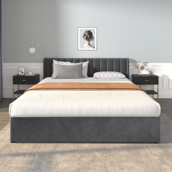 Polsterbett 180x200 cm Samt mit Lattenrost und 2 Schubladen, hohes Kopfteil, Grau