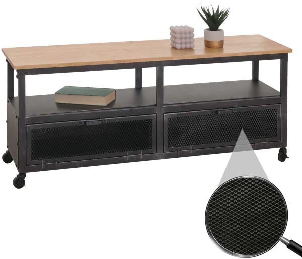 Lowboard HWC-N28, TV-Rack, Rollen 2 Fächer, 3D-Struktur Industrial Retro Metall Holz 55 x 130 x 36 cm ~ schwarz, natur