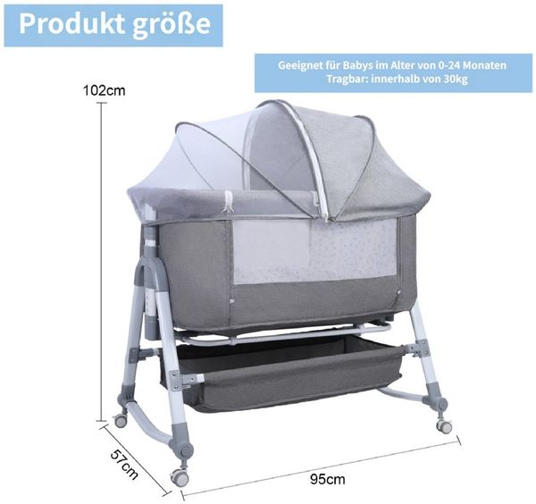 Rutaqian Babybett Babybett, 3-in-1 Babybett mit 6-fach Höhenverstellung und Moskitonetz, Konvertierbar zur Wiege & eigenem Stubenwagen, Mit Rollen und Staufach