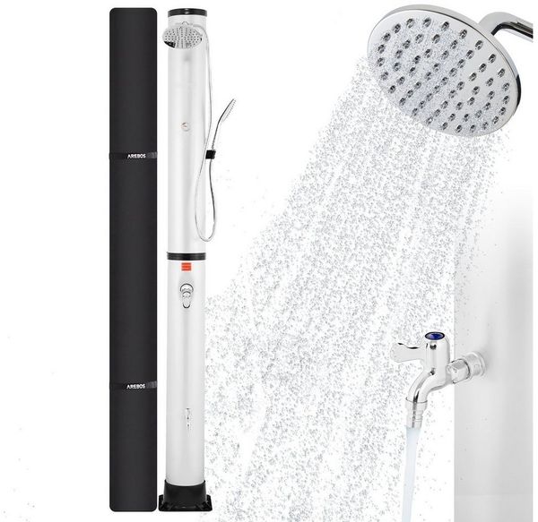 Arebos Solardusche 40 L Solar-Gartendusche mit Handbrause, Thermometer & Fußdusche (Komplett-Set, Schwarz/Silber), inkl. Abdeckhaube