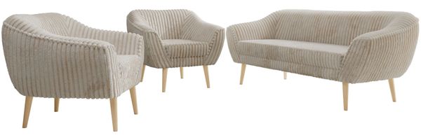 Wohnzimmerset PIRS 1-1-3, Skandinavisches 3-Sitzer Sofa mit Sesseln, Sofa mit Wellenfederung, Buche Füße, Skandinavisches Möbelset - Beige Cord Bild 6