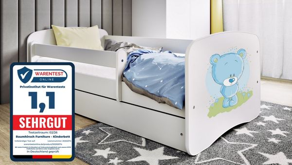Raumhirsch Furniture Kinderbett 70x140, 80x160, 80x180 cm - Komplettset mit Matratze & Schublade (Bett für Mädchen, Einzelbett Kinder 2–12, mit Rausfallschutz & Lattenrost), verschiedene Farben & Designs