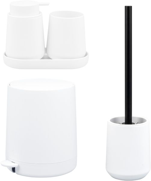 Bad-Accessoires Set TESERO 5tlg. bestehend aus 1x Seifenspender, 1x Becher, 1x Schale, 1x WC-Garnitur, 1x Kosmetikeimer aus Kunststoff in Weiß