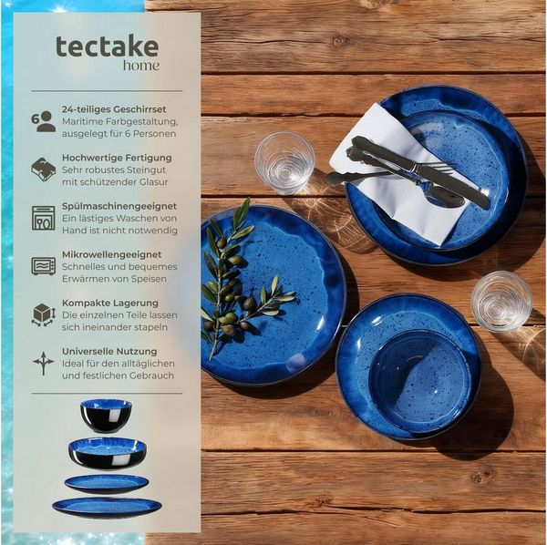 tectake Geschirr-Set Tafelservice (24-tlg), 6 Personen, Steingut, für 6 Personen, handgefertigt