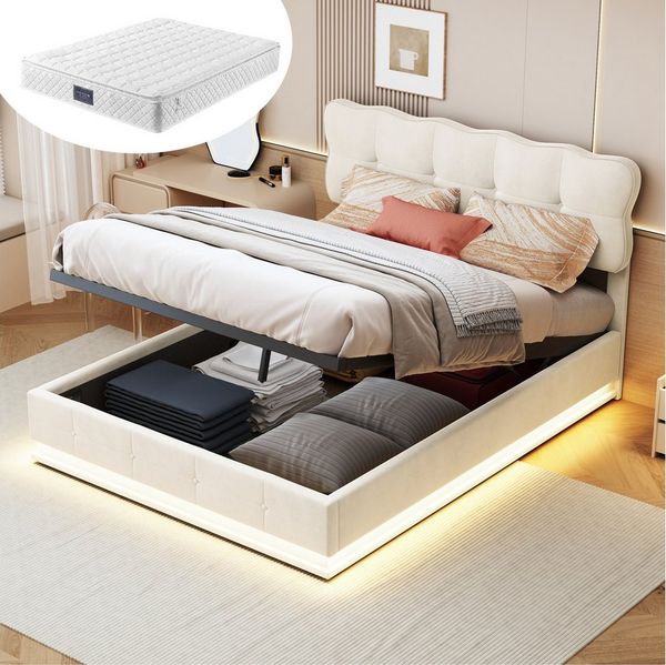 Furnishings Home Polsterbett Stauraumbett Doppelbett LED + Bettkasten (Hydraulisch hebbarer Stauraum), Mit Matratze, LED-Beleuchtung, Lattenrost, Samt, 160x200 cm