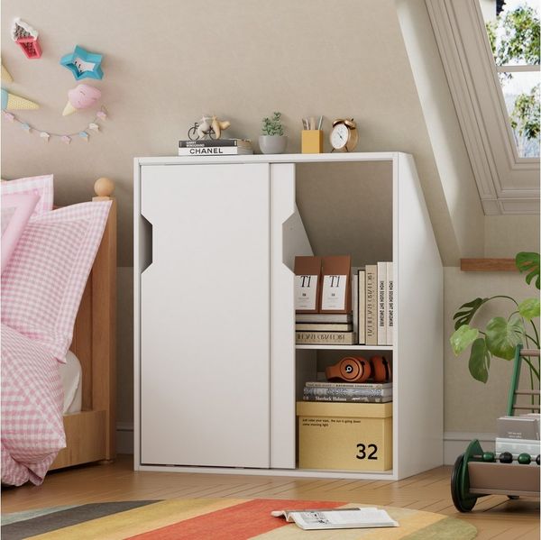 TWSOUL Regal Dachschrägenschrank mit 2 Türen, platzsparendes Schrägregal für, Dachschrägen, 100×80×52 cm,Kleiderschrank & Bücherregal Weiß