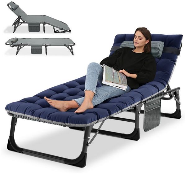 Meulbaty Klappbett Klappbar Sonnen Liege für Balkon/Garten, mit Auflage und Seitentasche (1-St) mit 5-stufiges Verstellmechanismus und 2.3-3cm Matratze