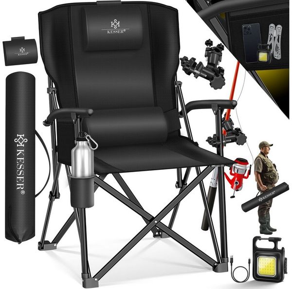 KESSER® Campingstuhl faltbar bis 160 kg | Angelstuhl Faltstuhl Klappstuhl Gepolstert mit Armlehnen | Campinglicht und Getränkehalter + Tasche mit hoher Rückenlehne | Strandstuhl mit Angelhalterung Schwarz / Schwarz