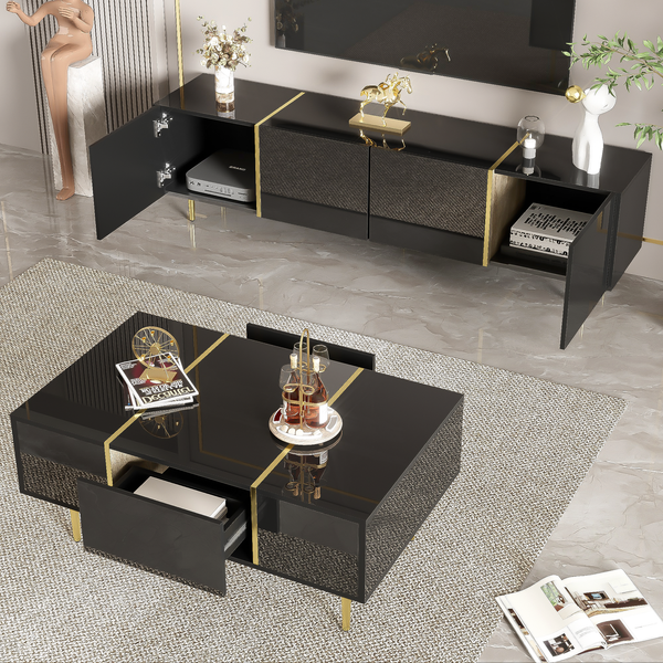 Wohnzimmermöbel Set TV-Schrank und Couchtisch Schwarz Hochglanz mit Gold Details Stauraum modern Soft-Close Design