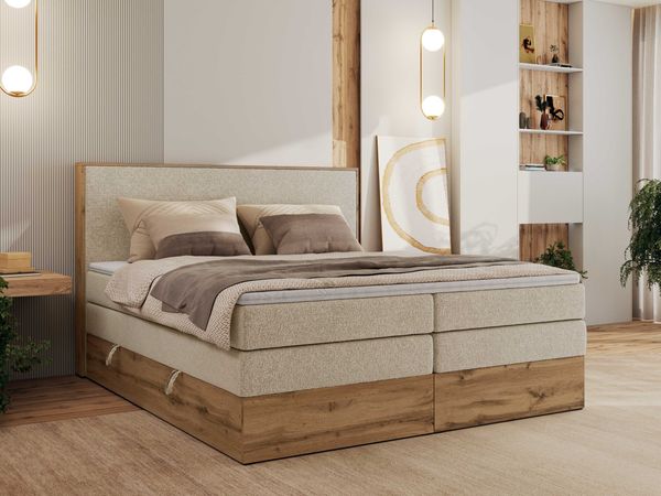 Boxspringbett, Set mit zwei Multipocket-Matratze und Topper, hohe Kopfteil, Eiche Wotan Holzrahmen - WOOD CLASSIC KING - 140 x 200 cm - Creme Struktur - H3