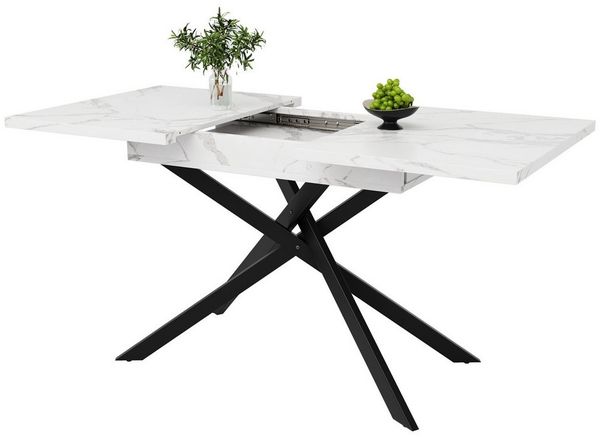i@home Esstisch Ausziehbarer Küchentisch,120-160*80*76.5cm (1 Tisch), platzsparender Tisch,für Küche und Wohnzimmer, Weißer marmorierter