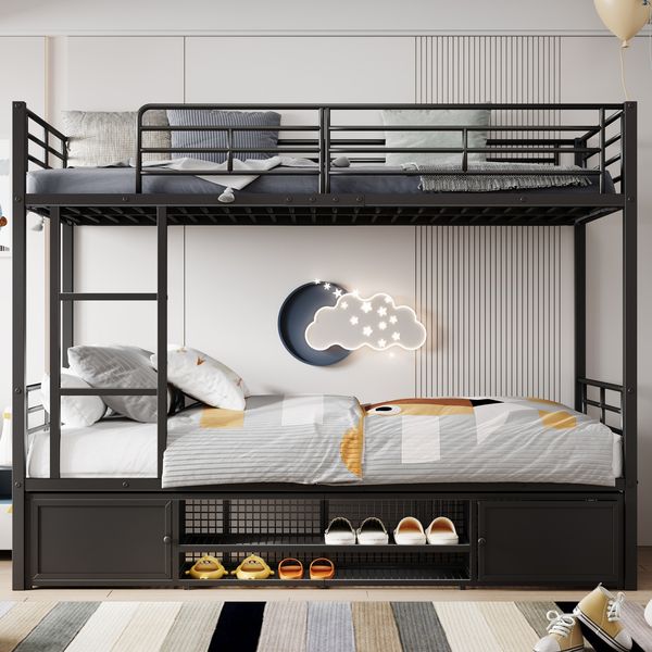 Bett 90x200 cm als Etagenbett mit Stauraum und Leiter – robustes Metallgestell, schwarz