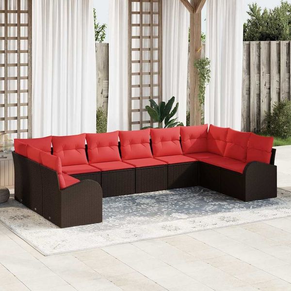 vidaXL Gartensofa-set mit Kissen 10 pcs Braun und Rot Poly-Rattan 3354893
