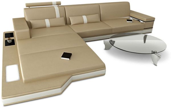 Couch Messana L Form in Leder - Kunstleder - sandbeige-weiß - Links