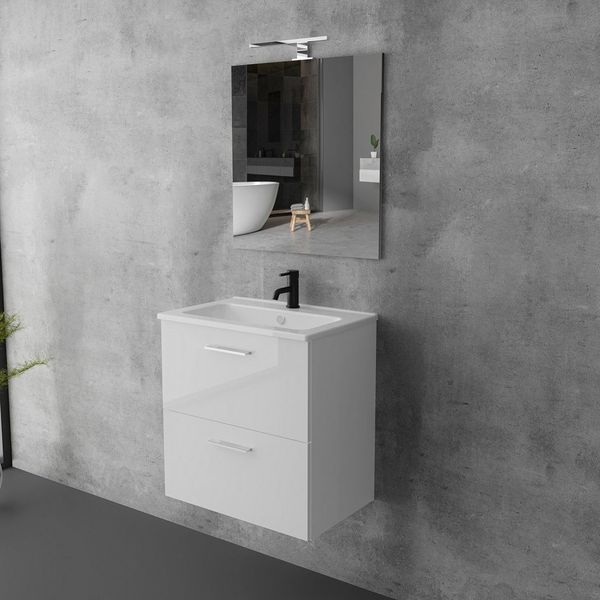 Vitra Badmöbel-Set mit Waschbecken und LED Badspiegel – Waschtisch mit Unterschrank, (Waschbecken mit Unterschrank 60 cm Breit, Waschbeckenunterschrank Weiss), Badezimmerschrank mit Spiegel mit Beleuchtung