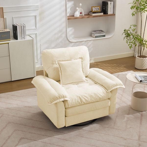 Relaxsessel Beige mit 360°-Drehfunktion, Chenille-Bezug, Oversized-Design und ergonomischem Stützkissen,96x116x84 cm