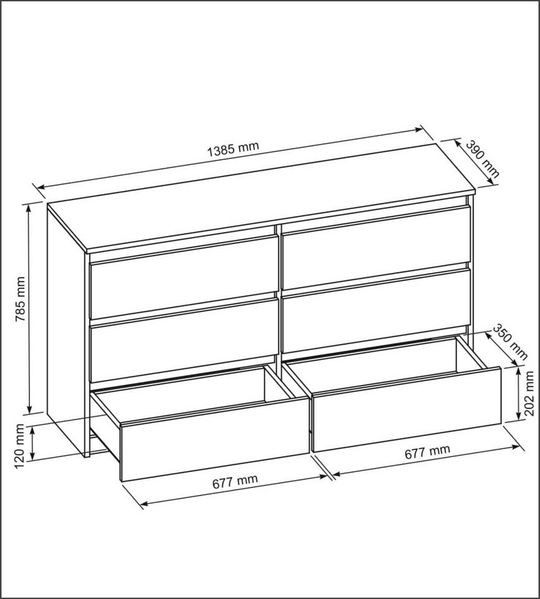 meble masztalerz Kommode Schwarz Matt mit 6 Schubladen 140 cm, Sideboard Wohnzimmer, Kommode Schlafzimmer H: 78,5cm, B: 138,6 cm, T: 39 cm Kommode mit Schubladen, Schubladenschrank