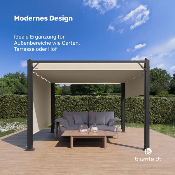 Blumfeldt Pantheon Cortina Pavillon 3x3 m – Aluminiumrahmen, Verstellbares Dach & Seitenrollos, Wetterfest & Stabil, Beige/Schwarz