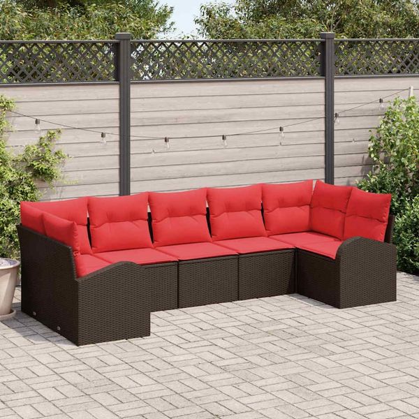 vidaXL Gartensofa-set mit Kissen 7 pcs Braun und Rot Poly-Rattan 3354863