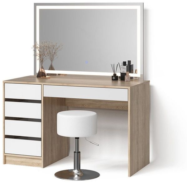 Livinity® Schminktisch Imola, Weiß/Sonoma/Sonoma, mit LED-Spiegel und Hocker