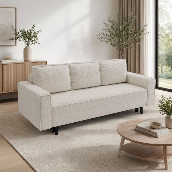 Goldstoff Schlafsofa Cordstoff - LUX 225 cm - Sofa mit schlaffunktion und Bettkasten