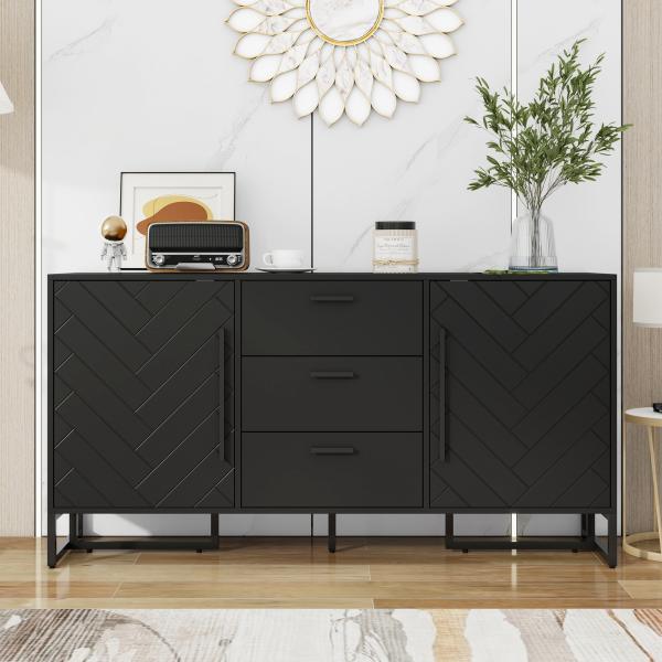 Merax Kommode, Schwarzes elegantes Sideboard mit Fischgrätenmuster, mit 2 Türen und 3 Schubladen für Esszimmer, Küche und Wohnzimmer