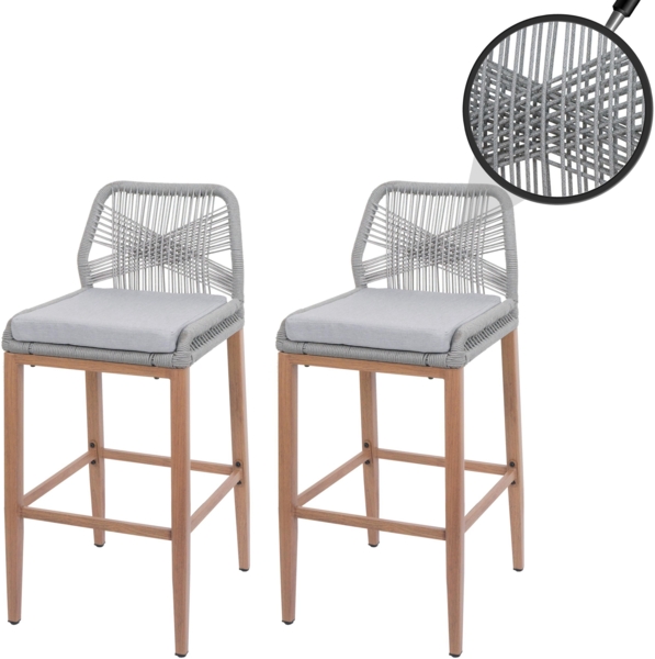 2er-Set Rope-Barhocker HWC-O21, Outdoor Sitzpolster Seilgeflecht Metall Holz-Optik ~ hellgrau, Kissen hellgrau