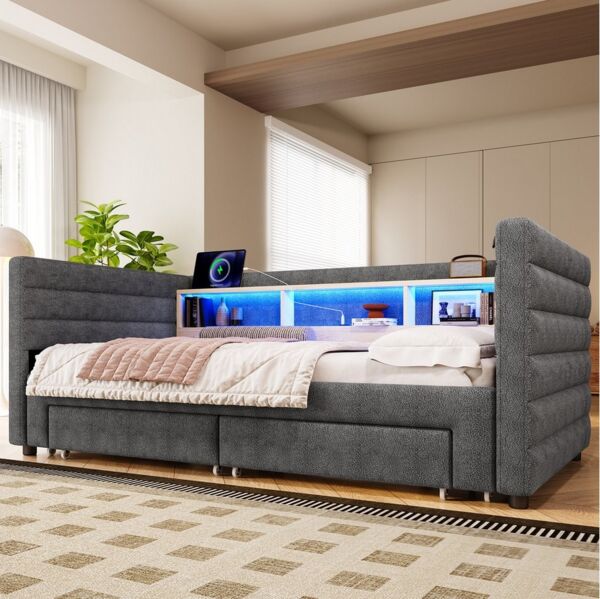 MODFU Schlafsofa inklusive USB- und Typ-C-Anschlüsse, Kinderbett mit multifunktionalem Ausziehbett, LED-Beleuchtung & Stauraum, Polsterbett 90×190 cm & 180x190 cm, ohne Matratze