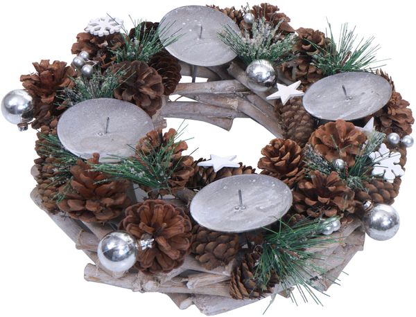 Adventskranz HWC-M15, Adventsgesteck Tischkranz Weihnachtsdeko Tischdeko, Holz MVG silber Ø 32cm ~ ohne Kerzen