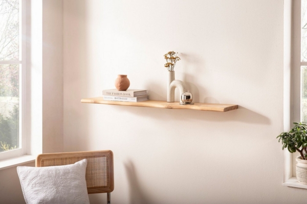 FINEBUY Wandregal FB74746 Wandregal Akazie Massivholz 120cm Hängeregal Baumkanten-Optik, Kompaktes Regal aus massivem Akazienholz, Modernes Holzregal in Baumkanten-Optik