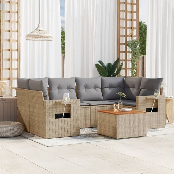vidaXL 7-tlg. Garten-Sofagarnitur mit Kissen Beige Poly Rattan 3224463