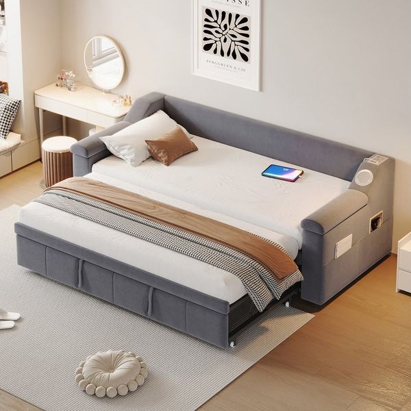 Merax Daybett 90/180x190cm mit Ablagefächern und Ausziehbett (Polsterbett, 1 tlg), Schlafsofa Tagesbett mit Bluetooth-Stereo & USB-Ladeanschluss, Samt