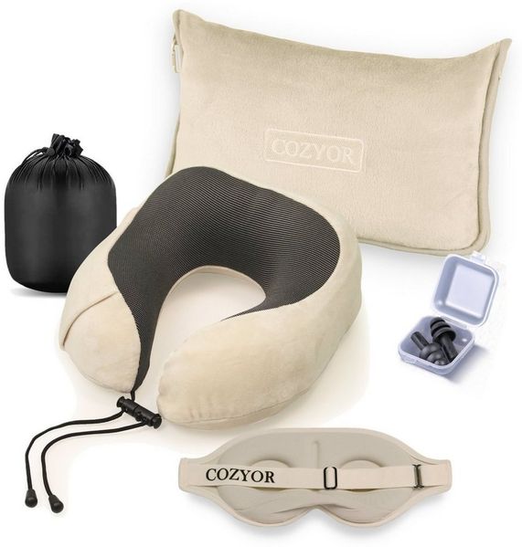 Cozyor Reisekissen und Reisedecke 2 in 1, Reiseset kuschelig weich + Rucksack-Clip, beige Driftwood, 4-tlg, Verwandlungskissen, Flugzeugdecke für unterwegs, Sparset mit Nackenkissen und Augenmaske
