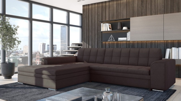 Ecksofa Schlafsofa Sofa LUSAKA in Stoff Lincoln Schokobraun Ottomane Links