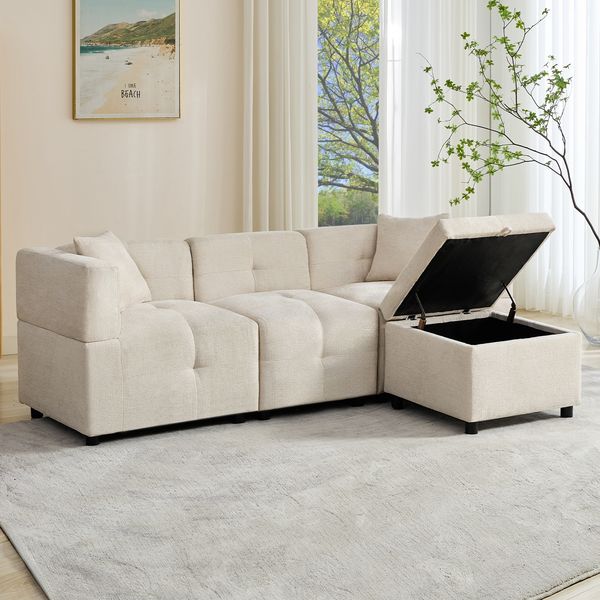 Merax Ecksofa, 3-Sitzer-Sofa, mit Stauraum, L-förmiges Ecksofa mit abnehmbarem Fußhocker und 2 Kissen, Beige