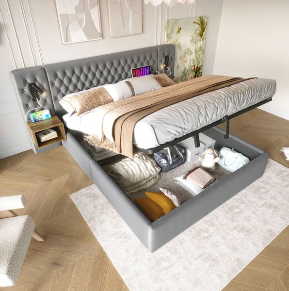 Polsterbett 160x200 cm mit Stauraum und 2 Nachttischen – Samt in Grau, mit Leselicht und USB/Type-C